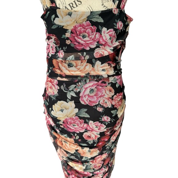 Express Dress Large Bodycon Floral Mesh Ruched Romantic Y2K Mesh Sweetheart Neck - Picture 8 of 13